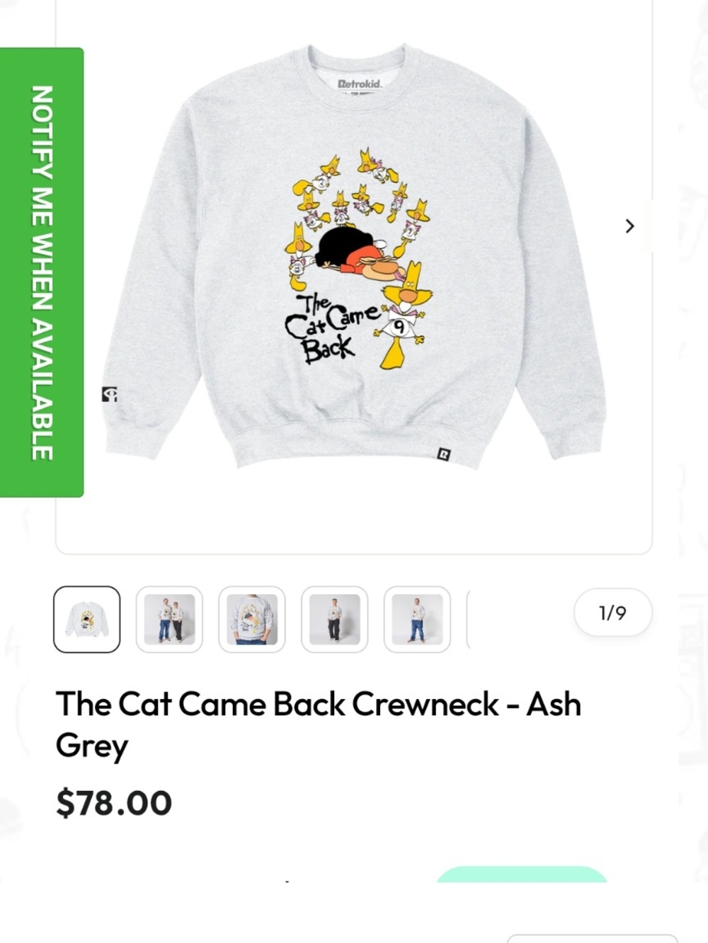 The Cat Came Back Ash Grey Crewneck Sweatshirt